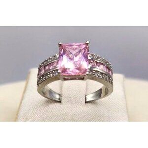 Silver Plated Pink Crystal Center Stone Ring With Clear Crystal Accents - Size 1